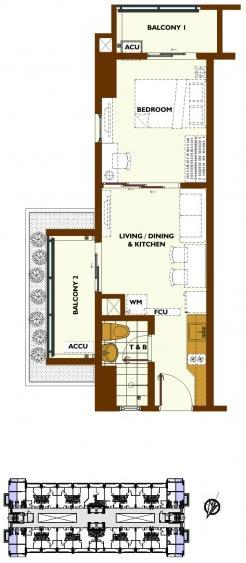 1-Bedroom B inner unit with balconies floor plan 1-Bedroom B inner unit with balconies floor plan
