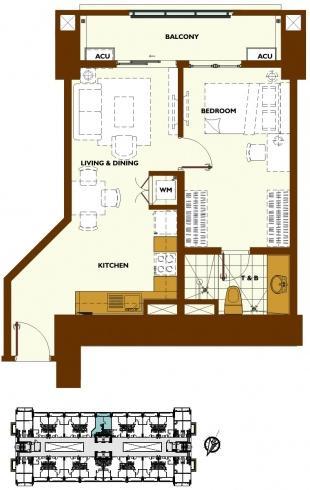 1-Bedroom E inner unit with balcony floor plan 1-Bedroom E inner unit with balcony floor plan